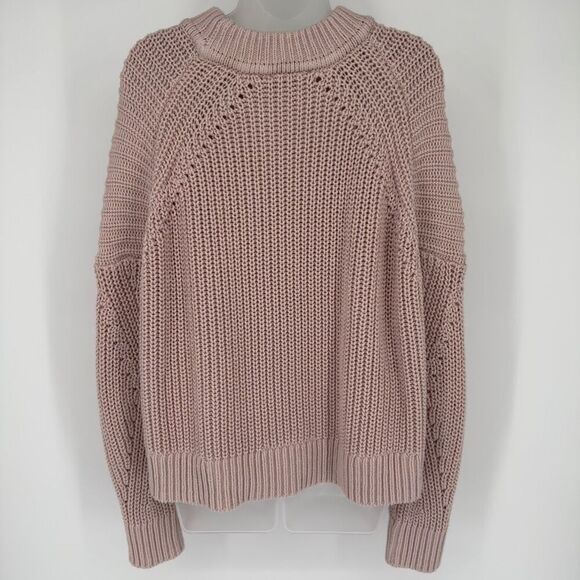Express Pink Chunky Knit Fisherman Sweater Large Balloon Sleeve Ribbed Boho Cozy - Picture 6 of 9